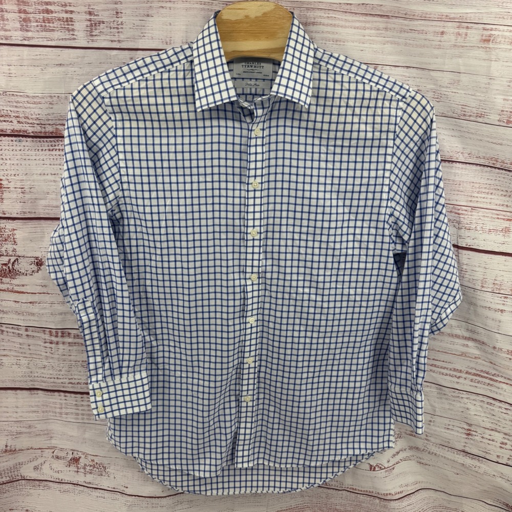 Charles Tyrwhitt Dress Shirt Mens XL 17/35 Non Iron Blue White Tattersall Check